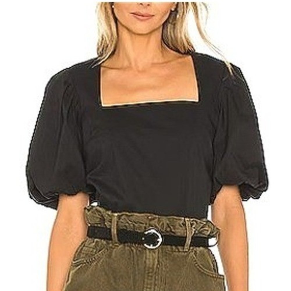 Frame Revolve 'Nina' Black Cropped Puff Sleeve Square Neck Smocked Boho Blouse M